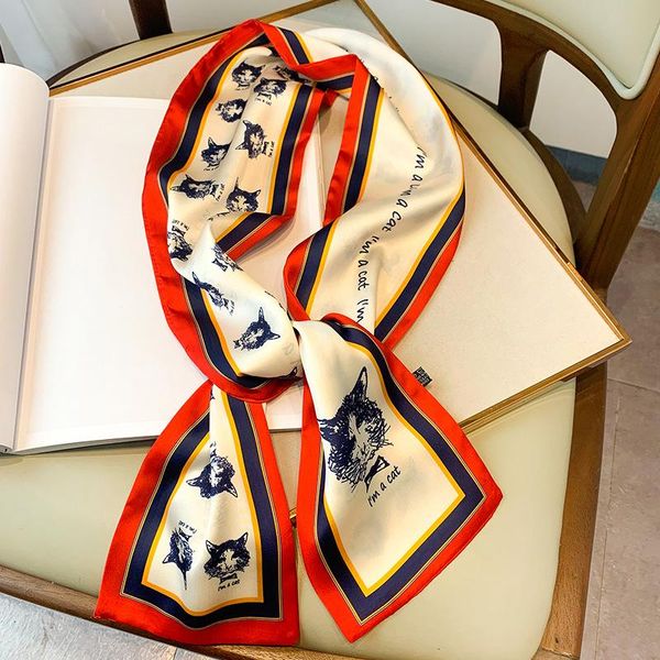 

scarves hair scarf tie cat print luxury satin small square silk neck ring women's bag head for women neckerchief headwear, Blue;gray