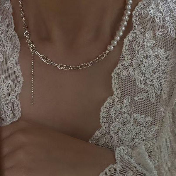 

chokers fashion chain pearl necklace for women baroque metal charm pendants necklaces choker bead jewelry gifts, Golden;silver