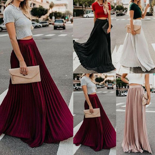 

skirts women's summer high waist maxi pleated long casual a-line swing skirt, Black