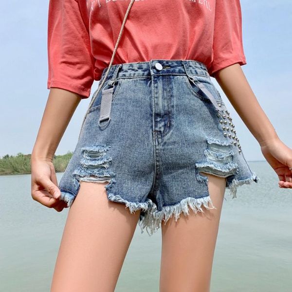 

women's jumpsuits & rompers removable plus size denim shorts for women fashion rivet summer jumpsuit college style hole high waist tass, Black;white