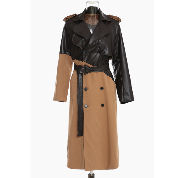 

women's trench coats women windbreaker autumn and winter style high-quality personalized design patchwork leather khaki color matching, Tan;black