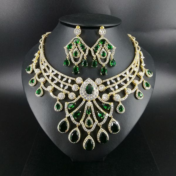 

earrings & necklace 2021 fashion luxury green water drop zircon golden earrings,wedding bride dinner party dress jewelry, Silver