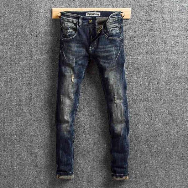 

men's jeans italian fashion retro dark blue elastic slim ripped for streetwear spliced designer hip hop denim punk pants 8ndr