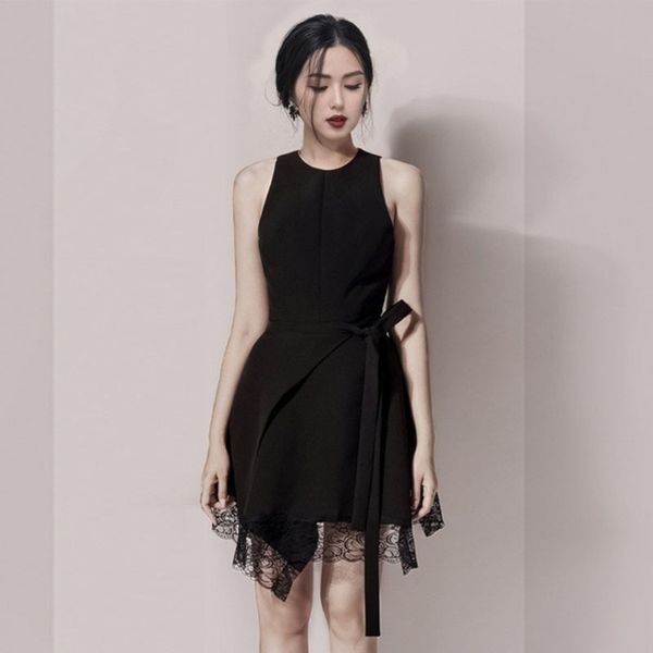 

black color o-neck mini patchwork lace dress women summer a-line dresses ol office casual fitted bow belt vestidos 210514, Black;gray