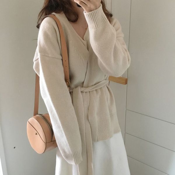 

sweaters retro women cardigans knitted casual solid autumn belt loose feminine all match soft sweet sweaters, White;black