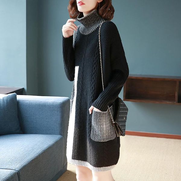 

women pullover turtleneck long sleeves knit dress autumn winter patchwork plaid pockets casual female loose sweater dresses, Black;gray