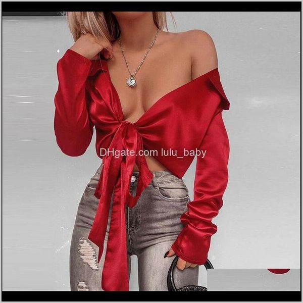 

clothing apparel drop delivery 2021 women girls satin lace blouse short deep v neck slim crop cropped shirts long sleeve womens, White