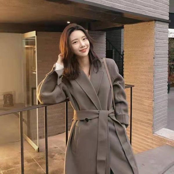 

women's wool & blends korea women spring autumn black loose long coat jacket belt overcoat cardigan outerwear