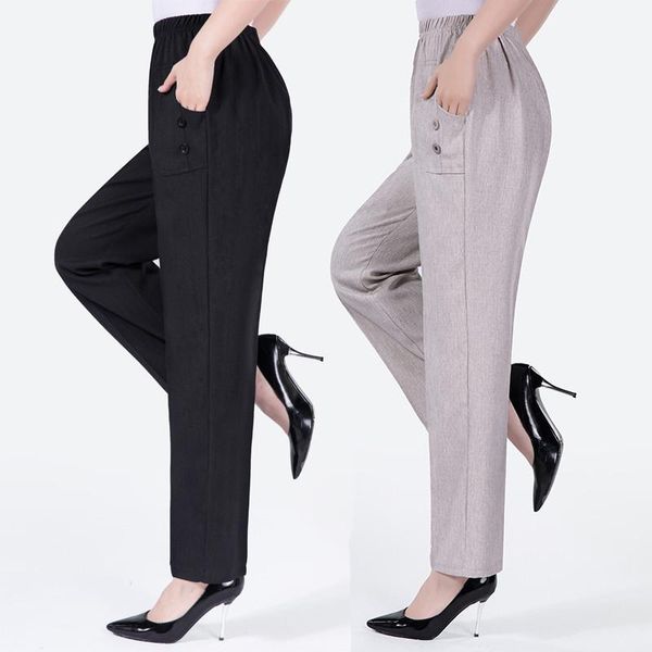 

women's pants & capris summer cotton linen straight female women trousers elastic high waist casual, Black;white