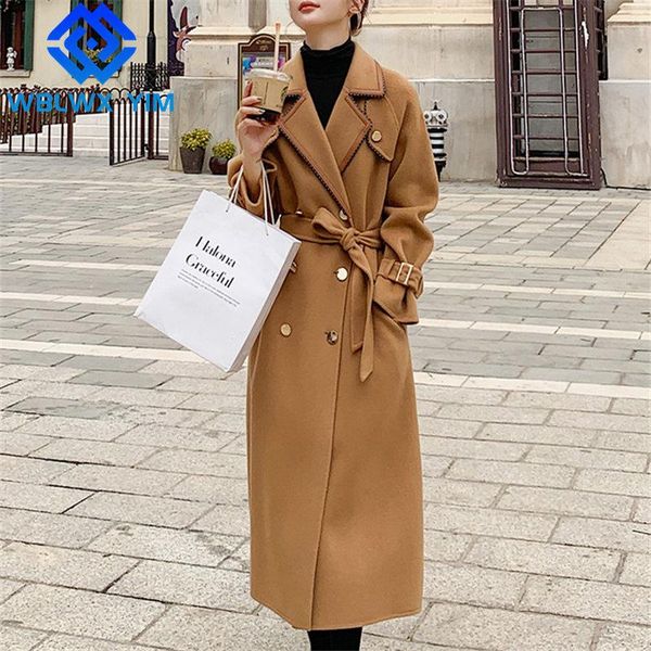 

women's wool & blends elegant coat women double breasted lapel belt fashion long woolen ladies autumn winter warm overcoat, Black