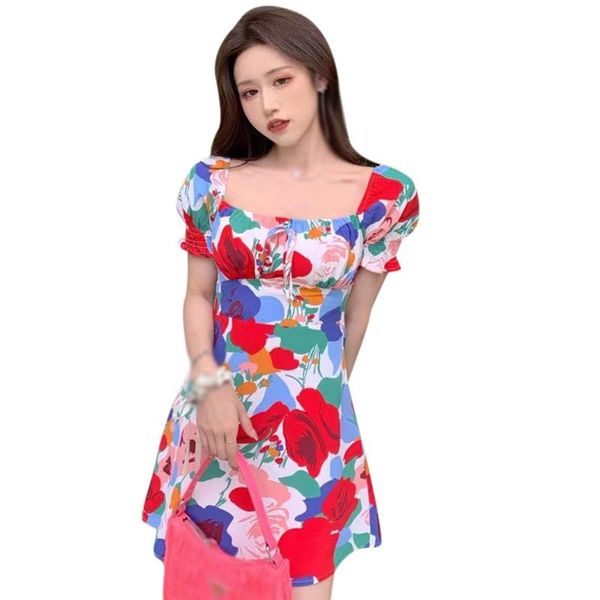 

casual dresses daxin summer short-sleeved square-neck dress female square collar puff-sleeved bellflower vestidos femme vestido de mujer, Black;gray