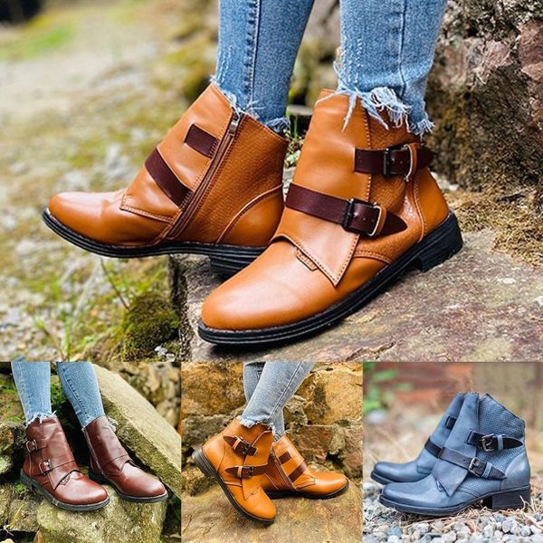 

boots sale women round toe ankle retro short buckle strap zipper leather spring flat shoes vintage d30, Black