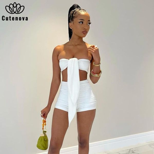 

women's tracksuits cutenove party club suit summer 2021 solid color crop shirring pants 2 piece set vetement femme outfits, Gray