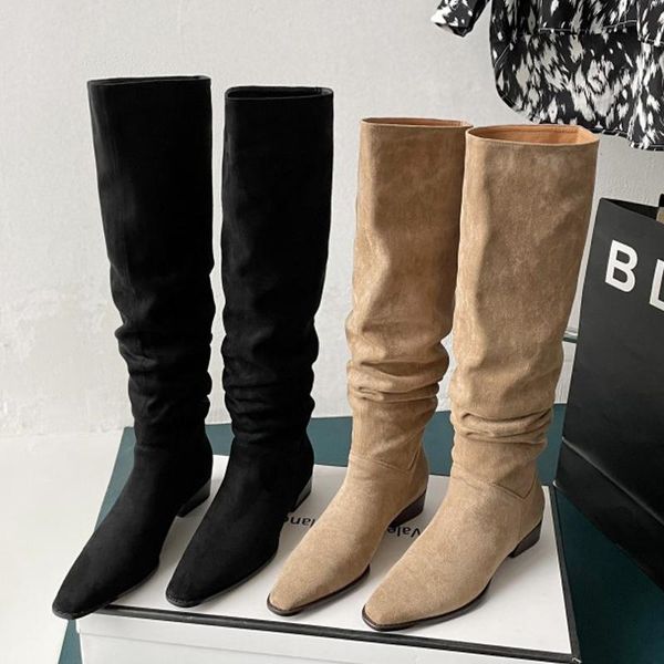 

boots natural suede leather pleated knee high long 2021 autumn winter flat heel fashion women's shoes black beige big size