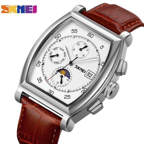 

wristwatches skmei casual automatic male clock moon phase watch brand genuine leather band mens mechanical reloj hombre 9247, Slivery;brown
