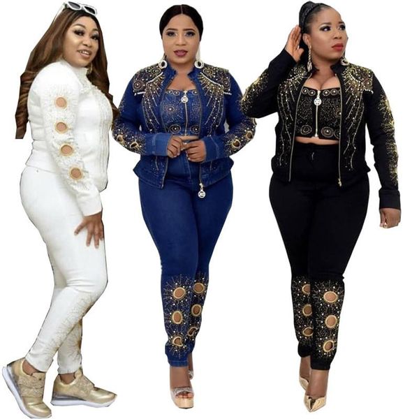 

women's two piece pants houseofsd elegant 3 set women crop & jacket and pencil sets for beaded zipper denim suit outfit, White