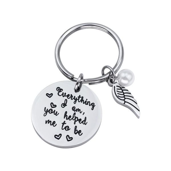 

keychains wing round keyrings women men gift for lovers parents stainless steel bag pendant personality jewelry words carved key rings, Silver