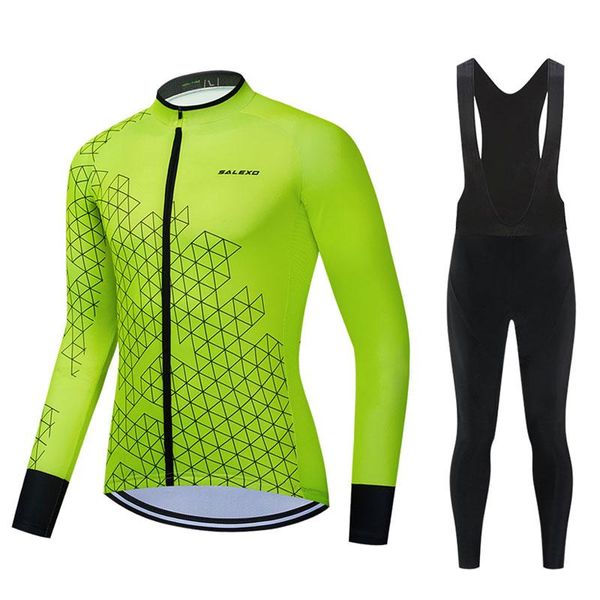 

fluorescent green men long sleeve cycling jersey set bib pants ropa ciclismo bicycle team clothing mtb bike uniform racing sets, Black;blue
