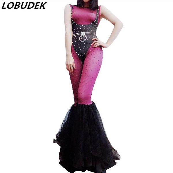 

women's jumpsuits & rompers women sleeveless skinny flare jumpsuit purple crystals leotard bodysuit singer party nightclub stage wear s, Black;white