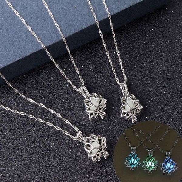 

pendant necklaces luminous glowing in the dark moon lotus necklace hollow flower lockets for women yoga prayer buddhism jewelry, Silver