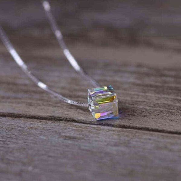 

new 925 sterling silver jewelry fashion genuine light candy square crystal clavicle chain female pendant necklaces xl104