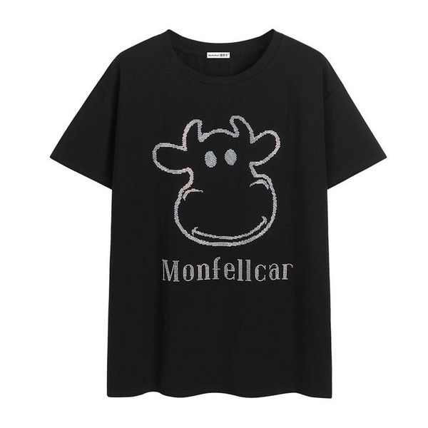

women's t-shirt fashion high street women t shirt black cow drill harajuku casual loose short sleeve round neck cotton tees, White