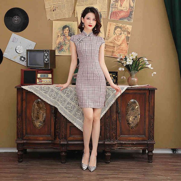 

dresses cheongsam women's summer 2021 new improved daily short dress linen and cotton plaid girls' republic of china qipao, Black;gray