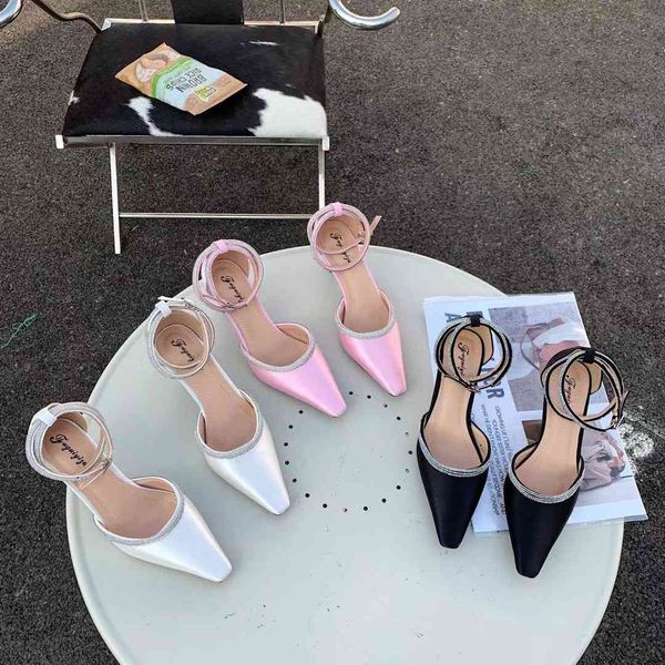 

slippers elegant women sandals pink shoes ankle strap thin high heels dress summer party pumps stain quality hnnd, Black
