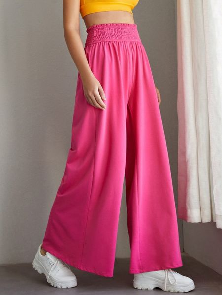 

shirred waist wide leg pants s73e#, Black;white