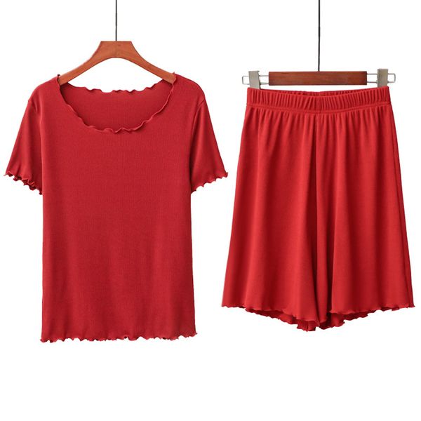 

women nightwear two piece suits solid o-neck ruffled short sleeve + elastic shorts summer sleepwear pajamas for female 210524, Black;red