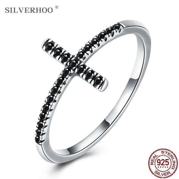 

cluster rings silverhoo 925 sterling silver religious cross vintage for women personality black cubic zirconia ring fine jewelry, Golden;silver