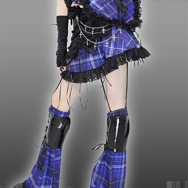 

original design punk japanese designer blue plaid mini skirt dark gothic lolita girls high waist mesh lace patch skirts, Black