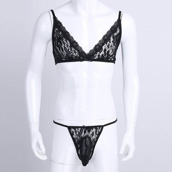 

men sissy bikini lingerie set mini transparent lace floral bra+string tanga male gay crossdressing underwear sets nightwear, Black;white
