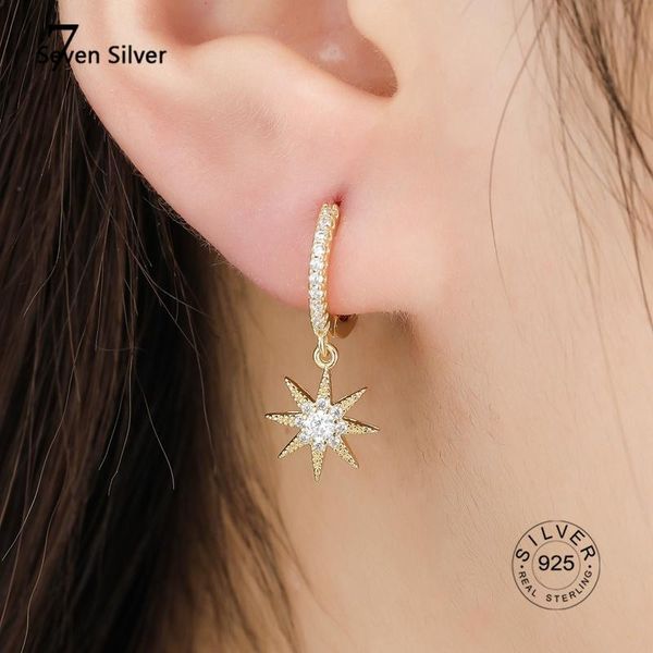 

hoop & huggie 925 sterling silver fashion moon star asymmetric earring micro inlaid zircon jewelry for women pund trendy, Golden;silver