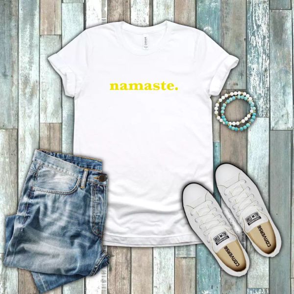 

namaste motivational inspirational peaceful gift yellow white cotton t-shirt, White;black