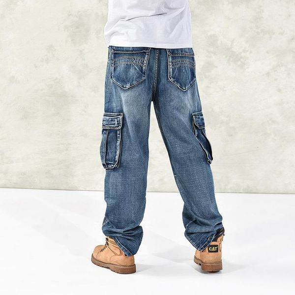 

men's jeans 2021 multi pocket wide leg loose for men hip hop baggy homme denim trousers plus size 42 44 46, Blue