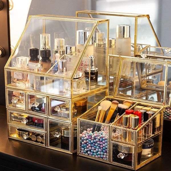 

storage boxes & bins nordic metal glass cosmetic box drawer organizer deskdust proof cotton swab tissue dressing table shelf decor