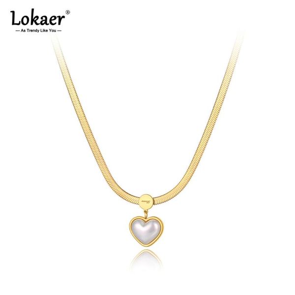 

chokers lokaer stainless steel lovely heart choker necklaces fashion white pearl pendant snake chain necklace for women n21126, Golden;silver