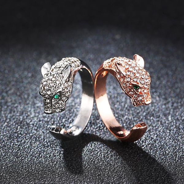 

cluster rings charm hip-hop golden panther head ring female green eyes micro pave zircon fashion opening adjustable punk gift jewelry, Golden;silver