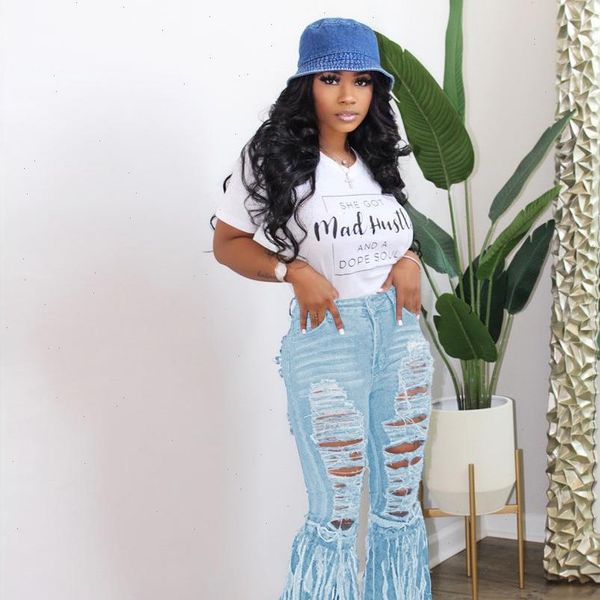 

Tassel Flare Casual Ripped Womens Jean Bell Bottom Summer High Waist Fashion Vintage Denim Pants Female, Blue