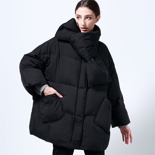 

winter jacket women with scarf 90% white duck down coat loose warm parkas female medium long oversived 211216, Black