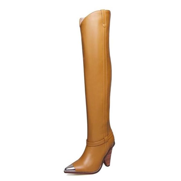 

boots 2021 over the knee long genuine leather metal toe strange style heels shoes wide calf slip on female winter, Black