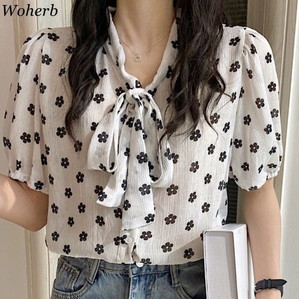 

blusas mujer de moda women blouses sweet bow tie lace-up flower puff sleeve shirt korean elegant fresh chiffon 210417, White