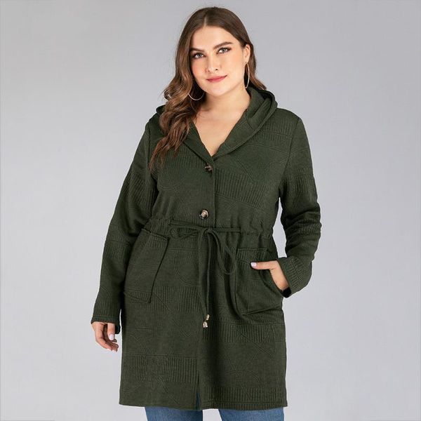 

women's jackets 4xl 5xl plus size women hooded drawstring high waist pockets loose casual long sleeve knitted sweater coats ta5714, Black;brown