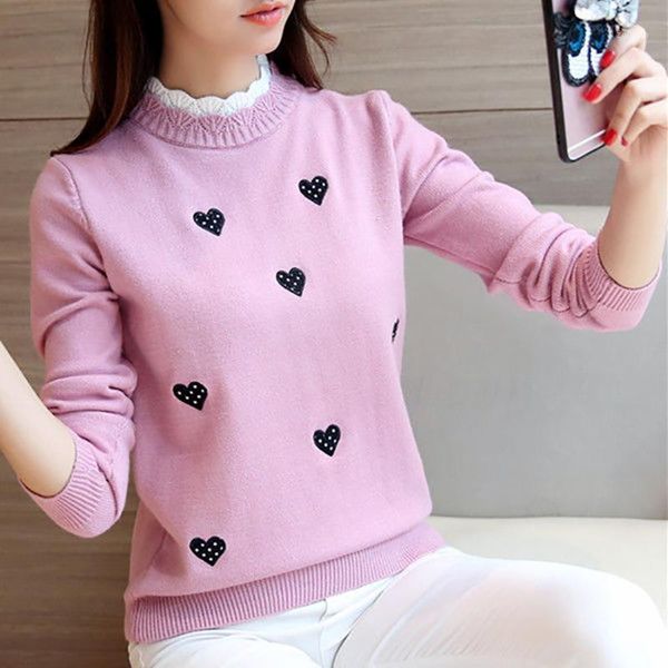 

women's sweaters women autumn winter style knitted sweater pullovers lady casual heart printed stand collar zz1036, White;black