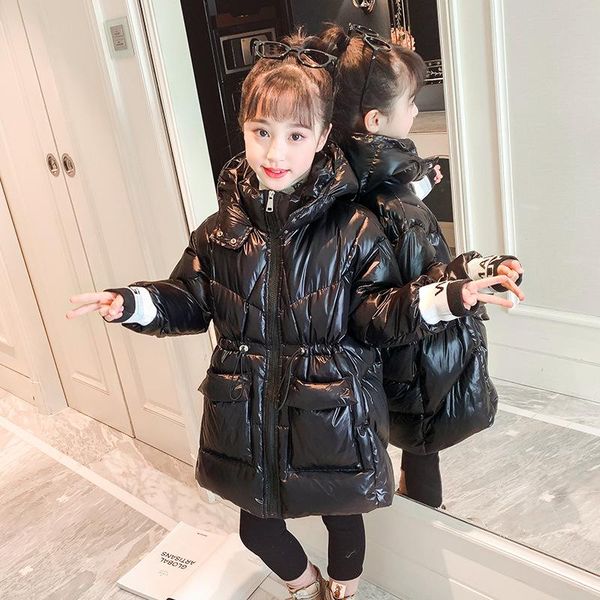 

down coat children thick warm winter outerwear kids girl mid-length shiny waterproof teenage hooded cotton-padded jacket snowsut, Blue;gray