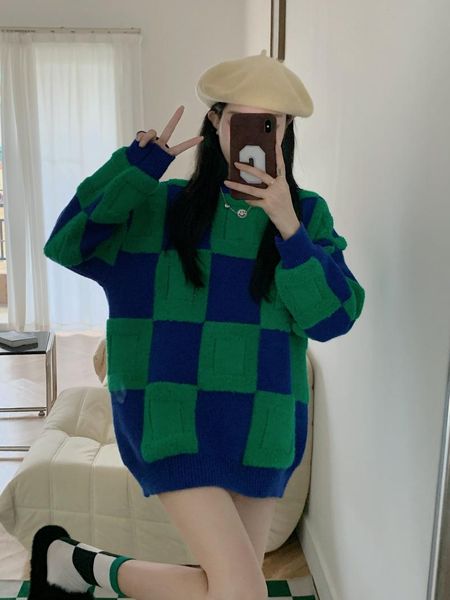 

women's sweaters winter 2021 contrast color thick knit sweater big plaid female ins super fire pullover sweater,pull femme, White;black