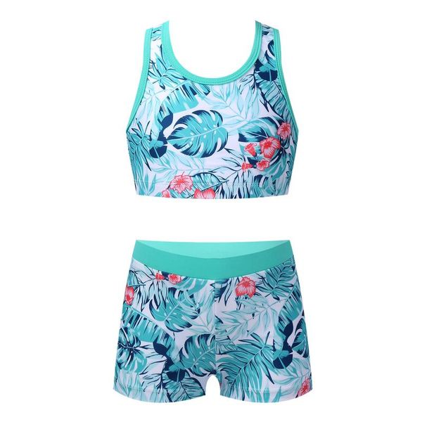 

one-piece suits girls two pieces swimsuits breathable sleeveless cross back print tank with boyshorts bottoms children summer beach swim