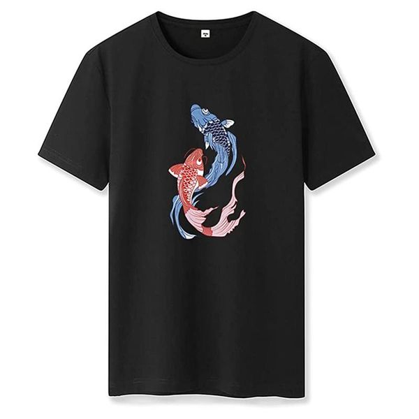 

men's t-shirts 2021 summer t-shirt red and blue koi print harajuku street casual short-sleeved pure cotton high-quality oversized, White;black
