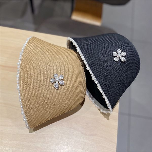 

female british flower inlaid with diamond bucket hat summer basin pearl elegant fashion fisherman's straw, Yellow